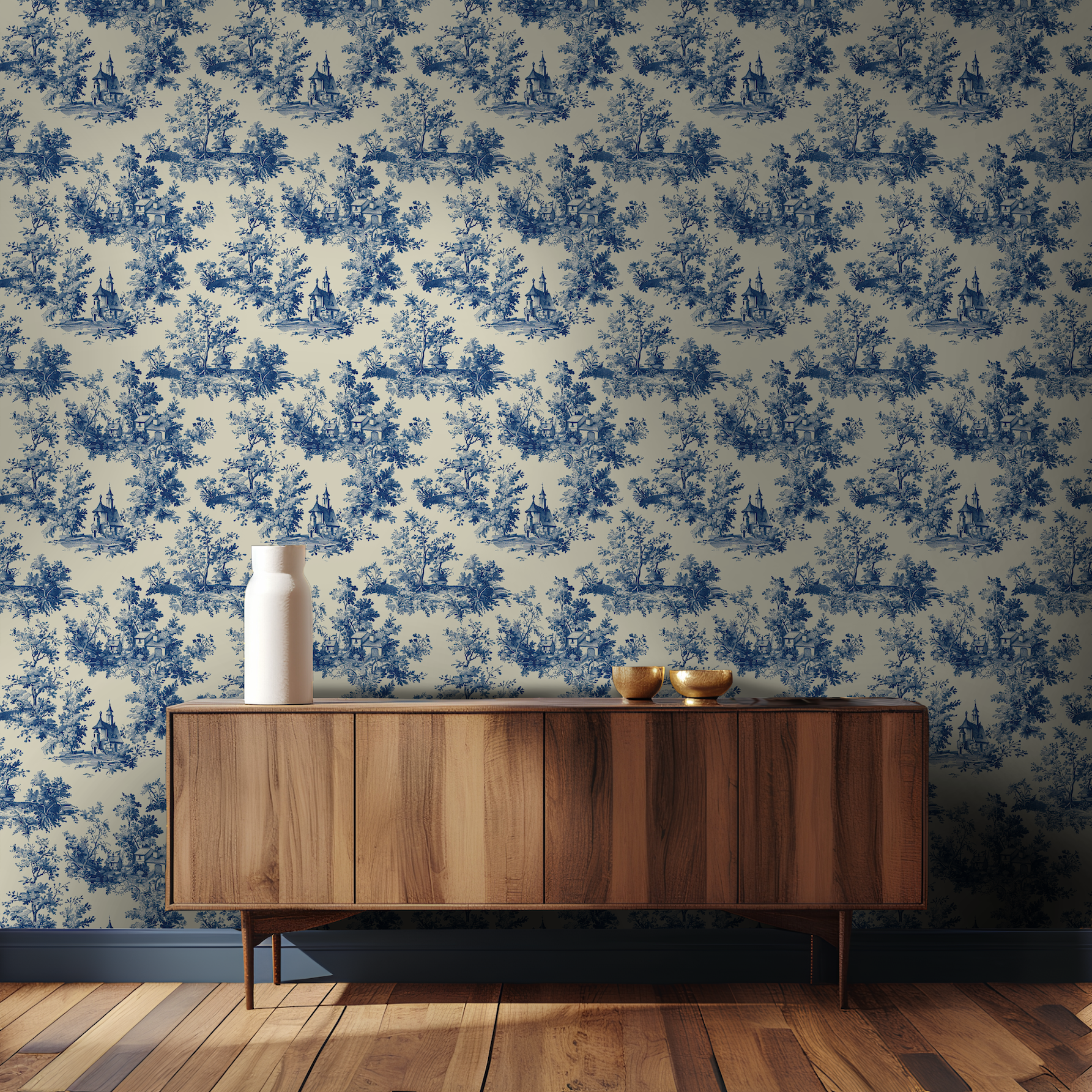 Papel tapiz Escenas clásicas azul y crema