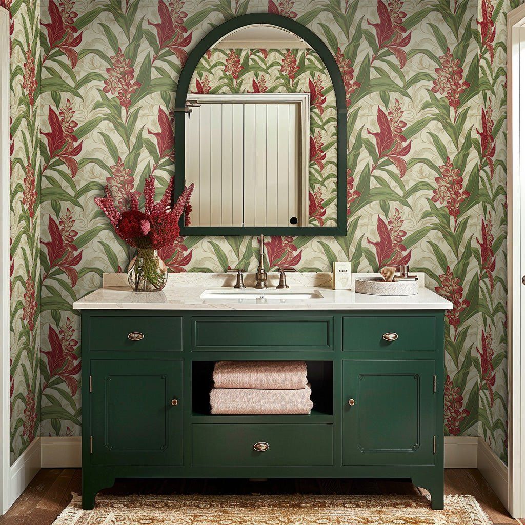 Papel tapiz Flores rojas y hojas verdes