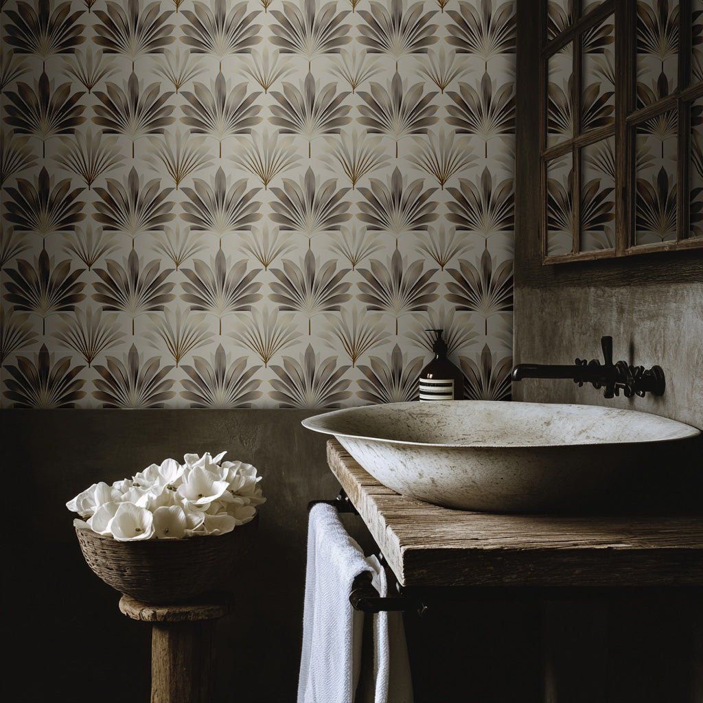 Papel tapiz Abanicos botánicos gris y crema