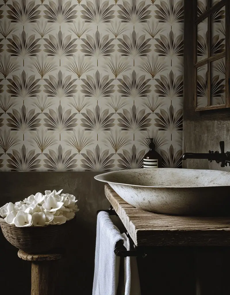 Papel tapiz Abanicos botánicos gris y crema