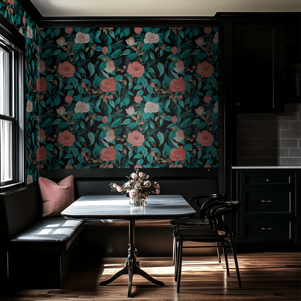 Papel tapiz Rosas coral y hojas turquesa