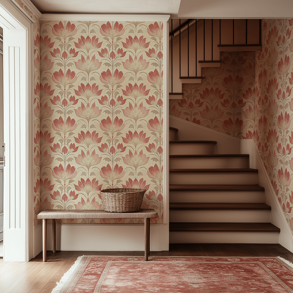 Papel tapiz Flores curvas rosa y beige