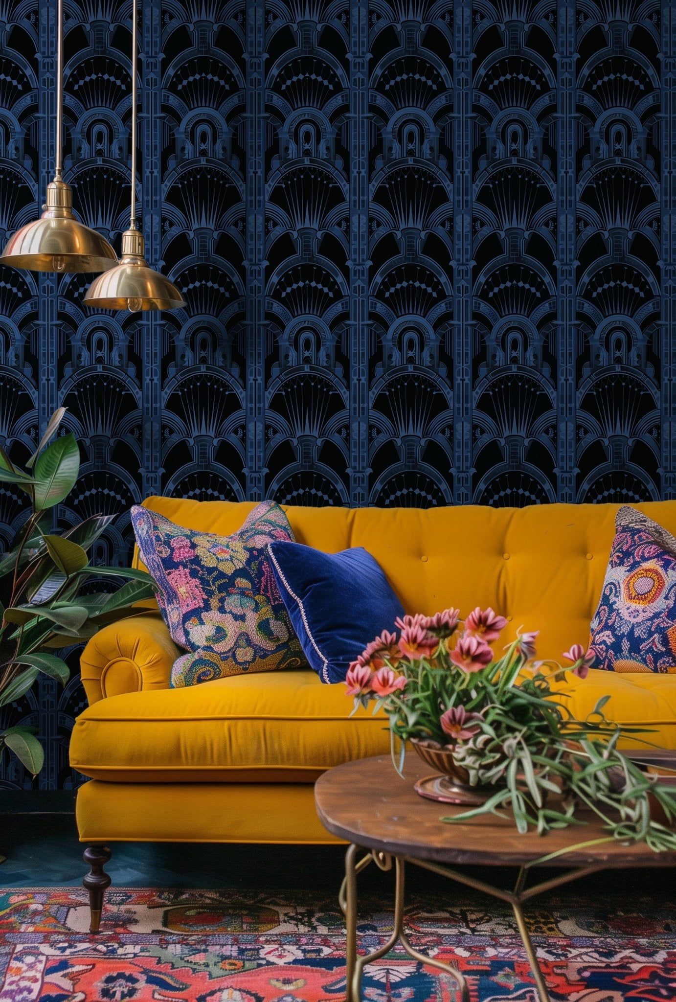 Papel tapiz Abanicos Art Déco azul y negro