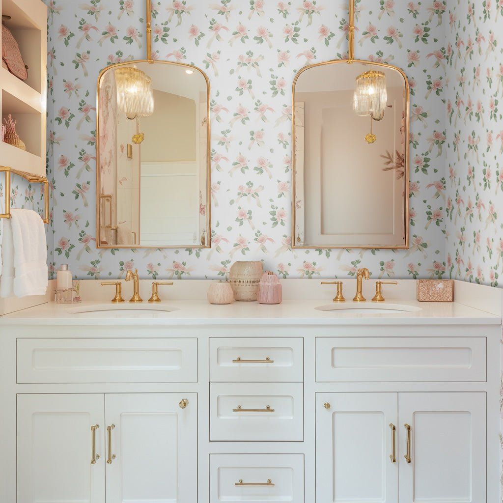 Papel tapiz Rosas y cintas en tonos suaves