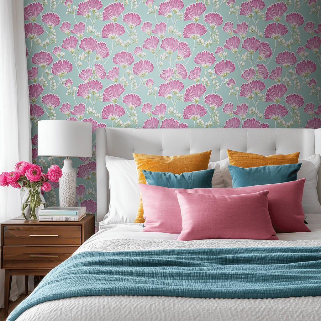 Papel tapiz Flores magenta sobre azul suave