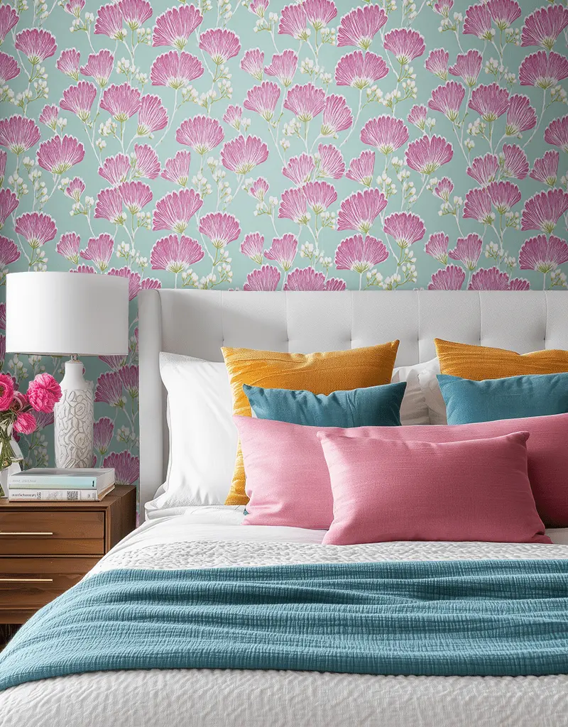 Papel tapiz Flores magenta sobre azul suave