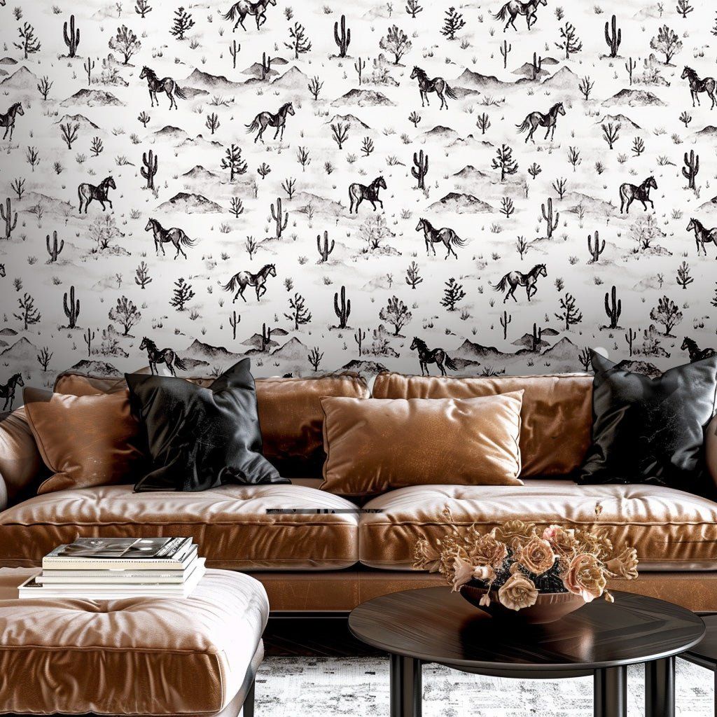 Papel tapiz Caballos y cactus en gris