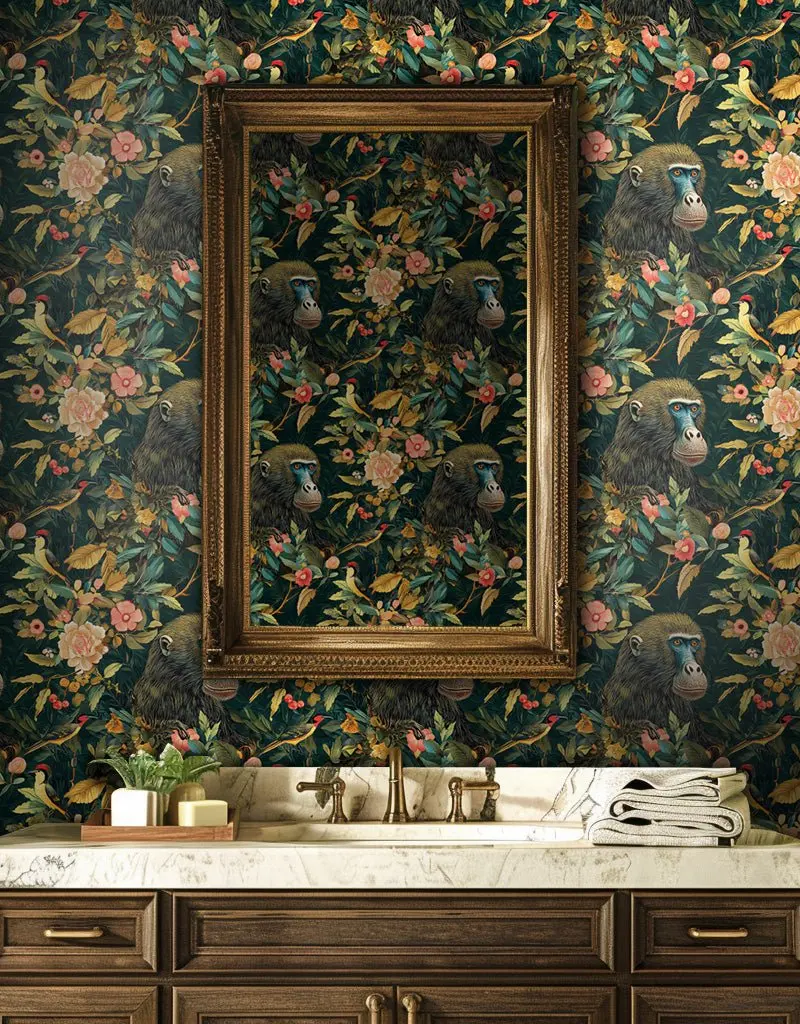 Papel tapiz Monos y aves entre flores