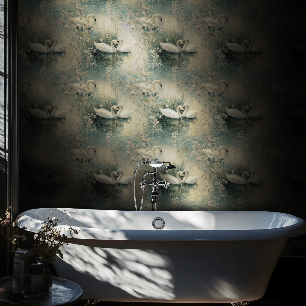 Papel tapiz Cisnes entre flores verde suave
