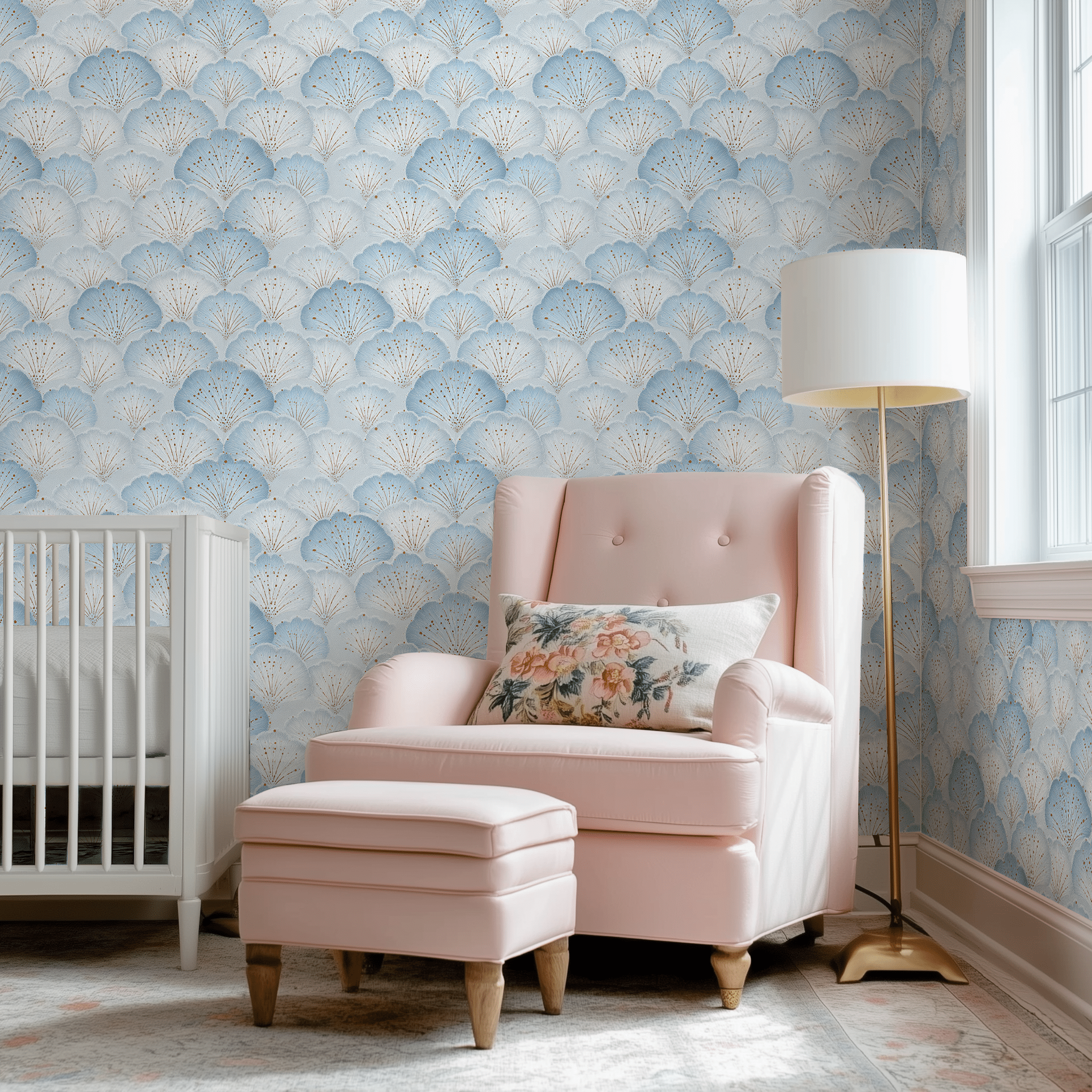 Papel tapiz Conchas azul claro con ocre