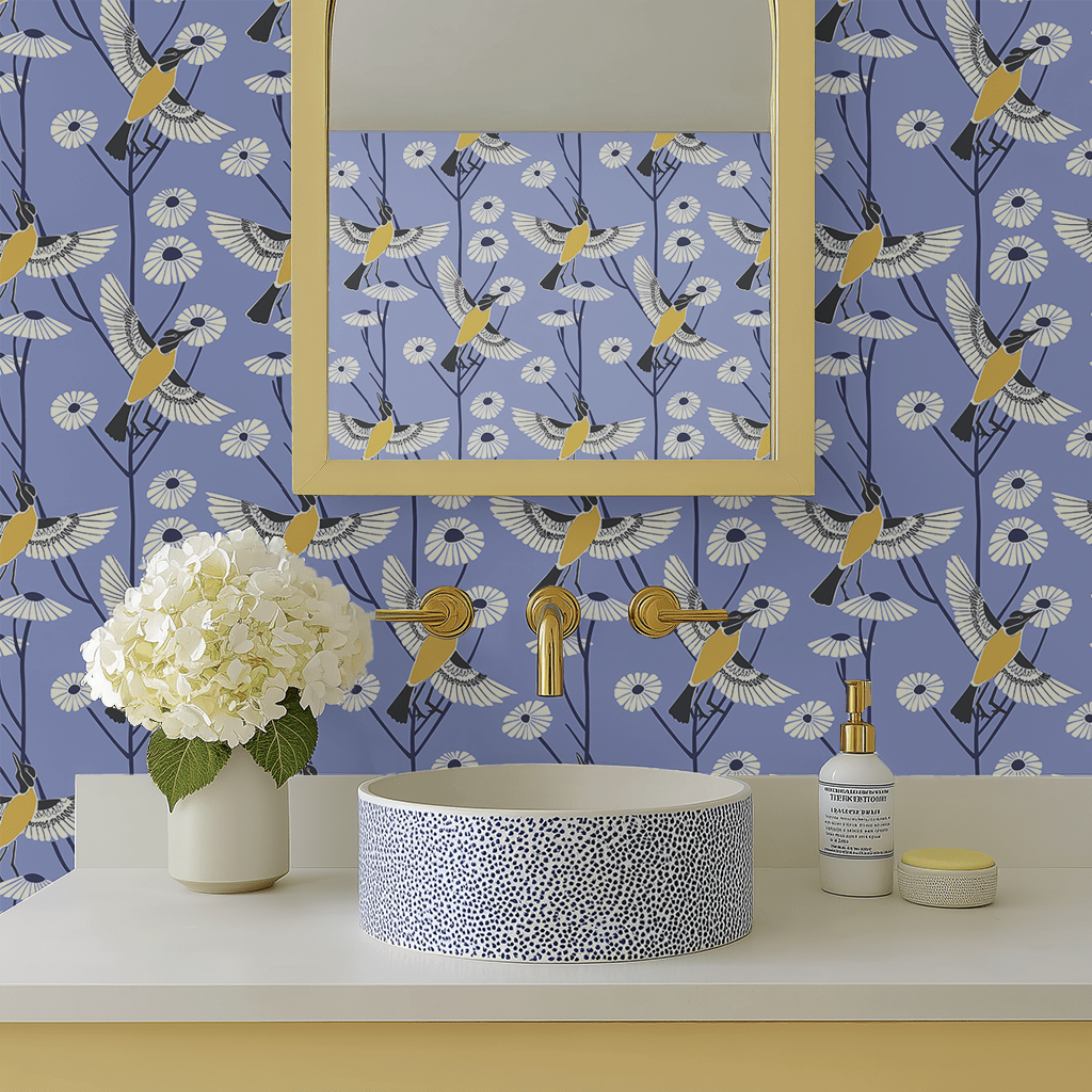 Papel tapiz Aves amarillas y flores en lila