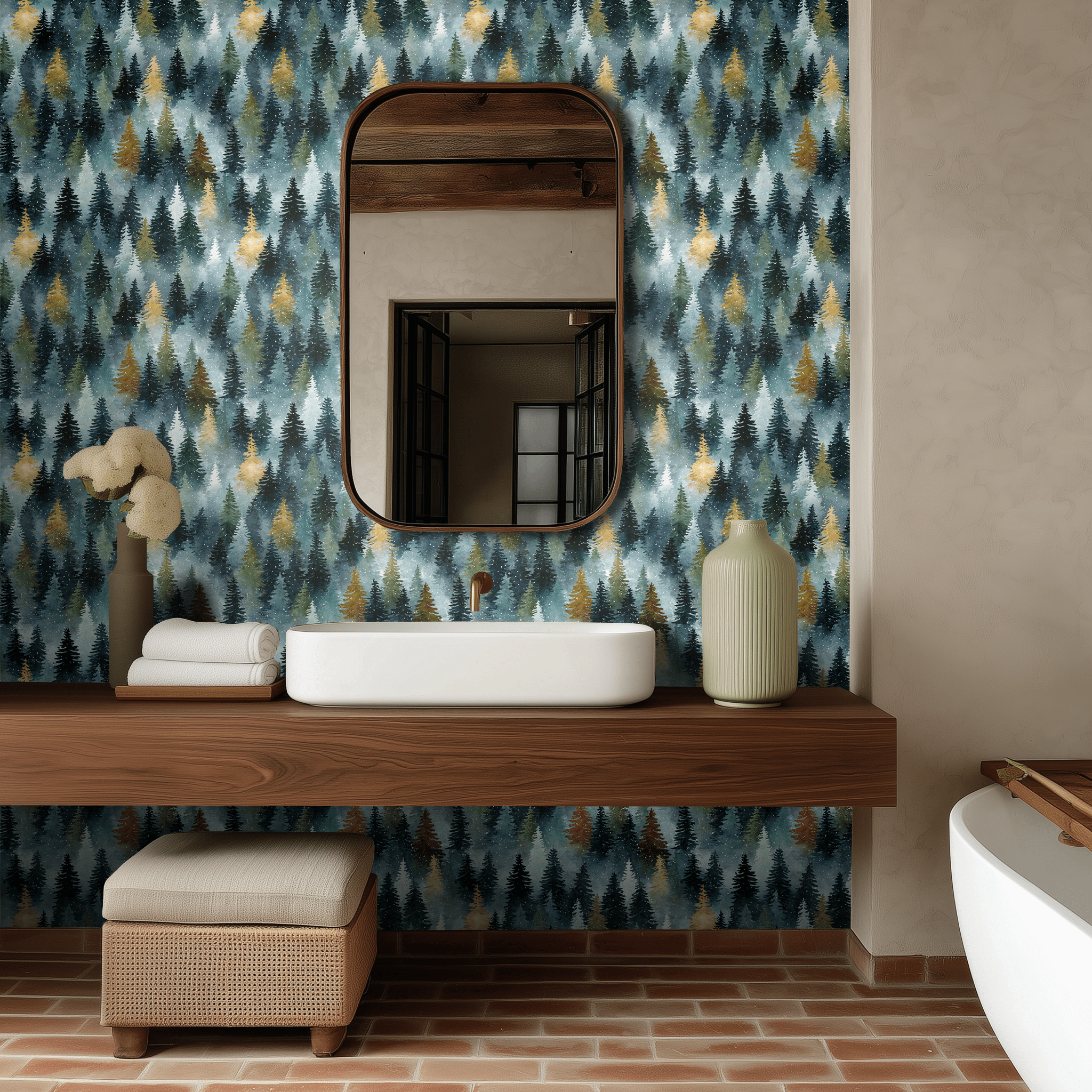 Papel tapiz Abetos en acuarela azul