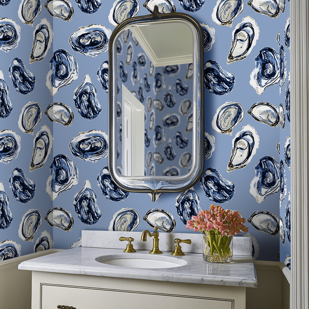 Papel tapiz Ostras ilustradas sobre azul