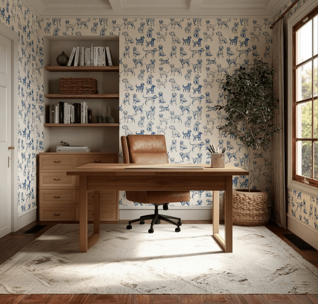 Papel tapiz Perros ilustrados azul y blanco