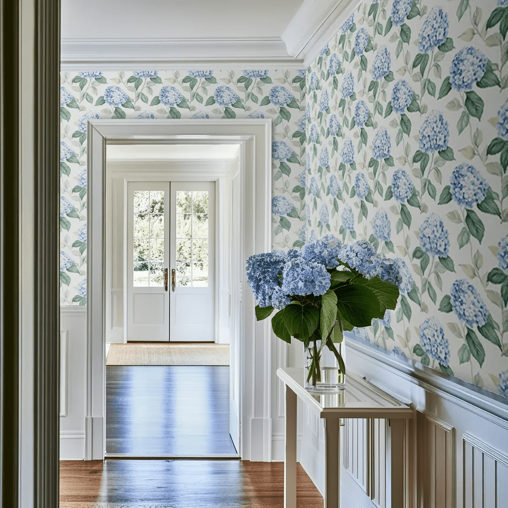 Papel tapiz Hortensias azules sobre crema