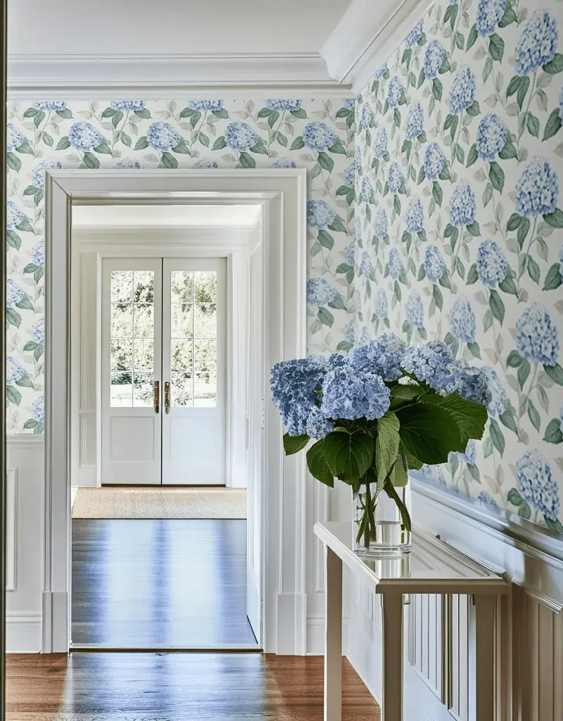 Papel tapiz Hortensias azules sobre crema