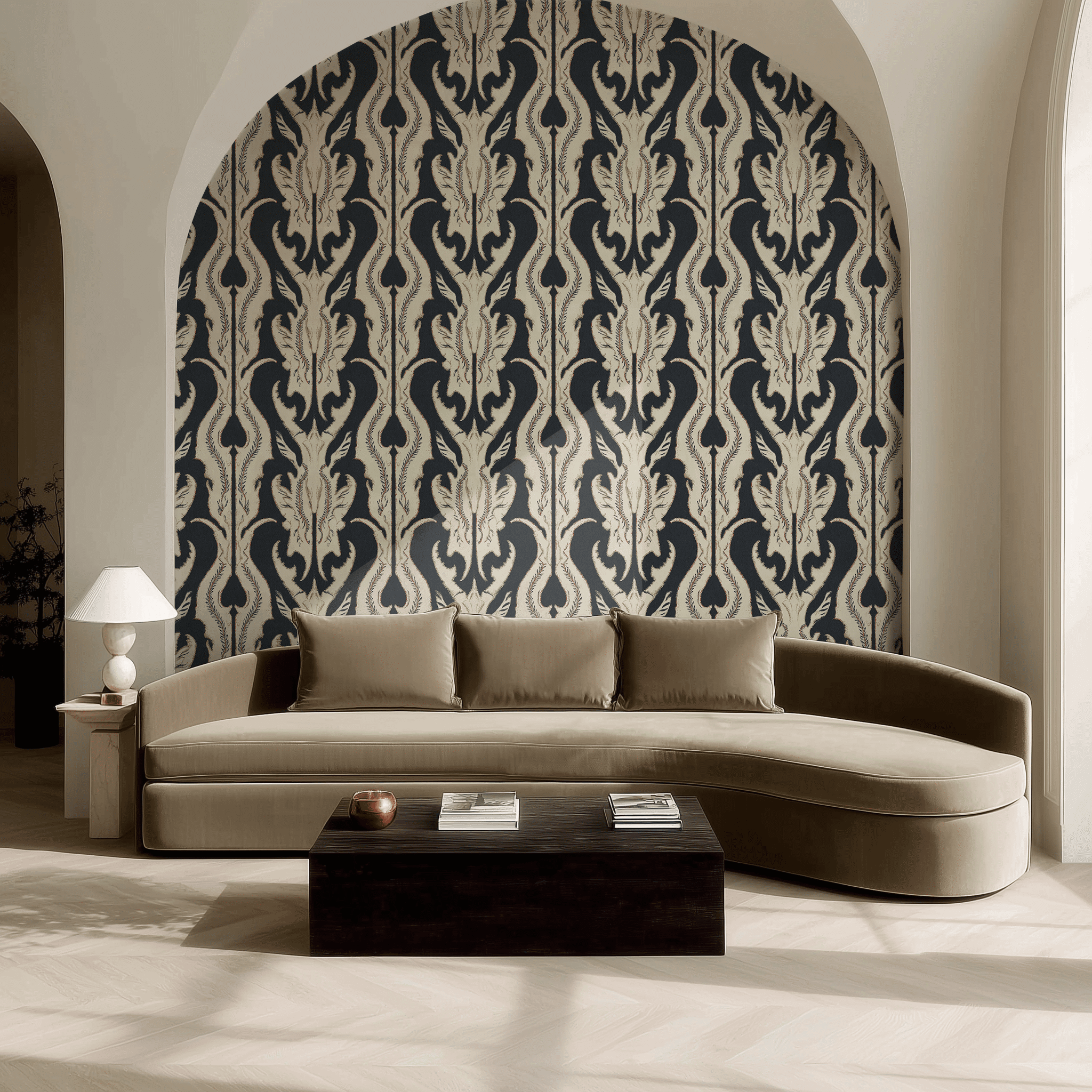 Papel tapiz Hojas ornamentales negro crema
