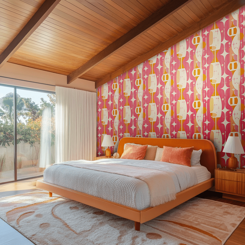 Papel tapiz Geometría retro rosa y naranja
