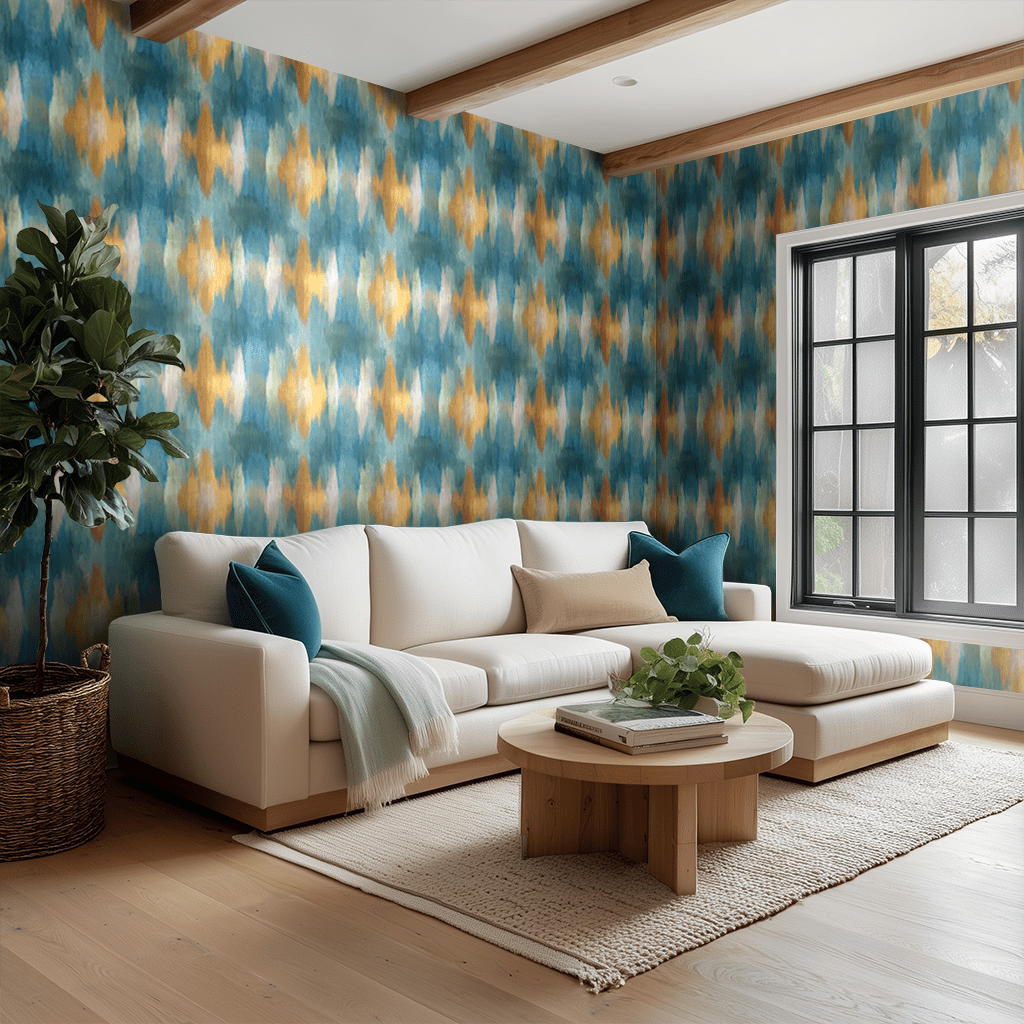 Papel tapiz Ikat azul turquesa y ocre
