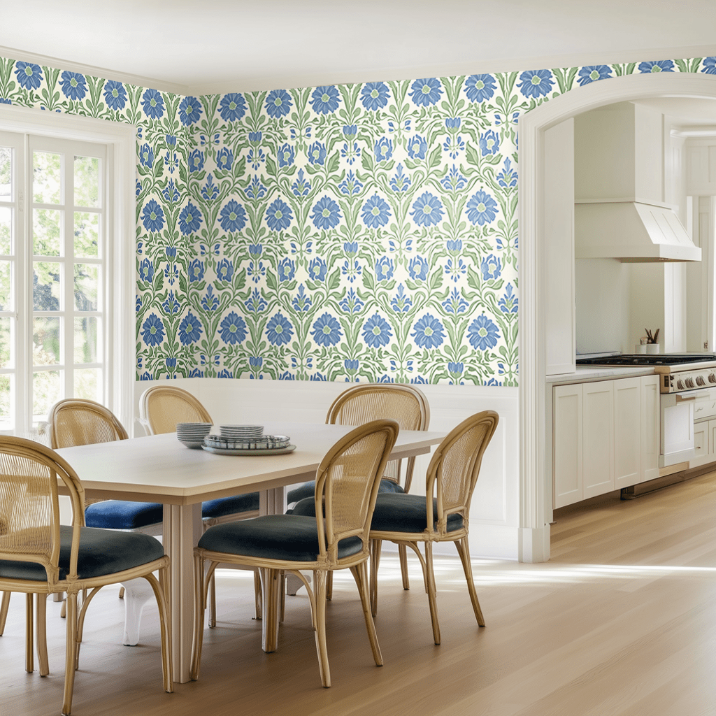 Papel tapiz Flores clásicas azul y verde