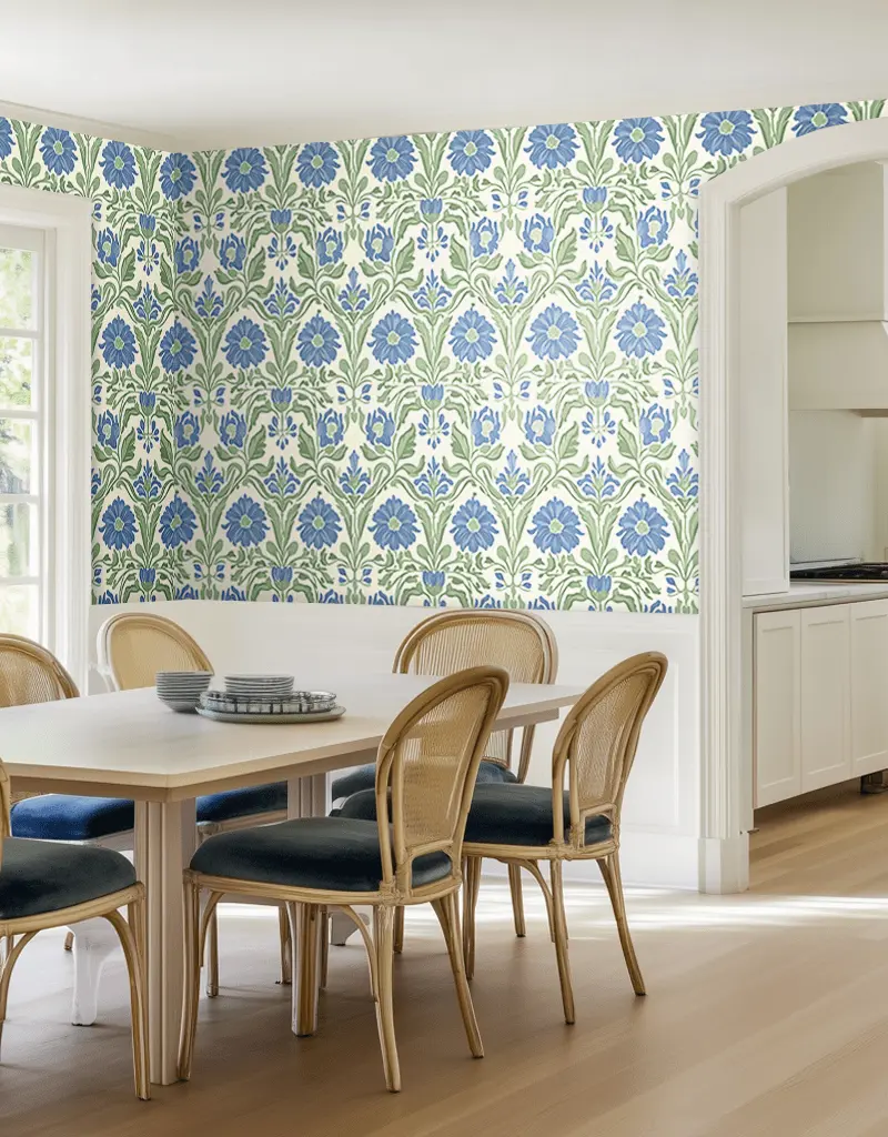 Papel tapiz Flores clásicas azul y verde