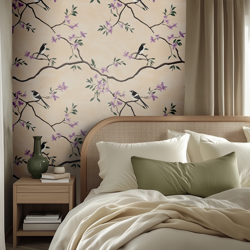 Papel tapiz Aves y flores lila sobre crema