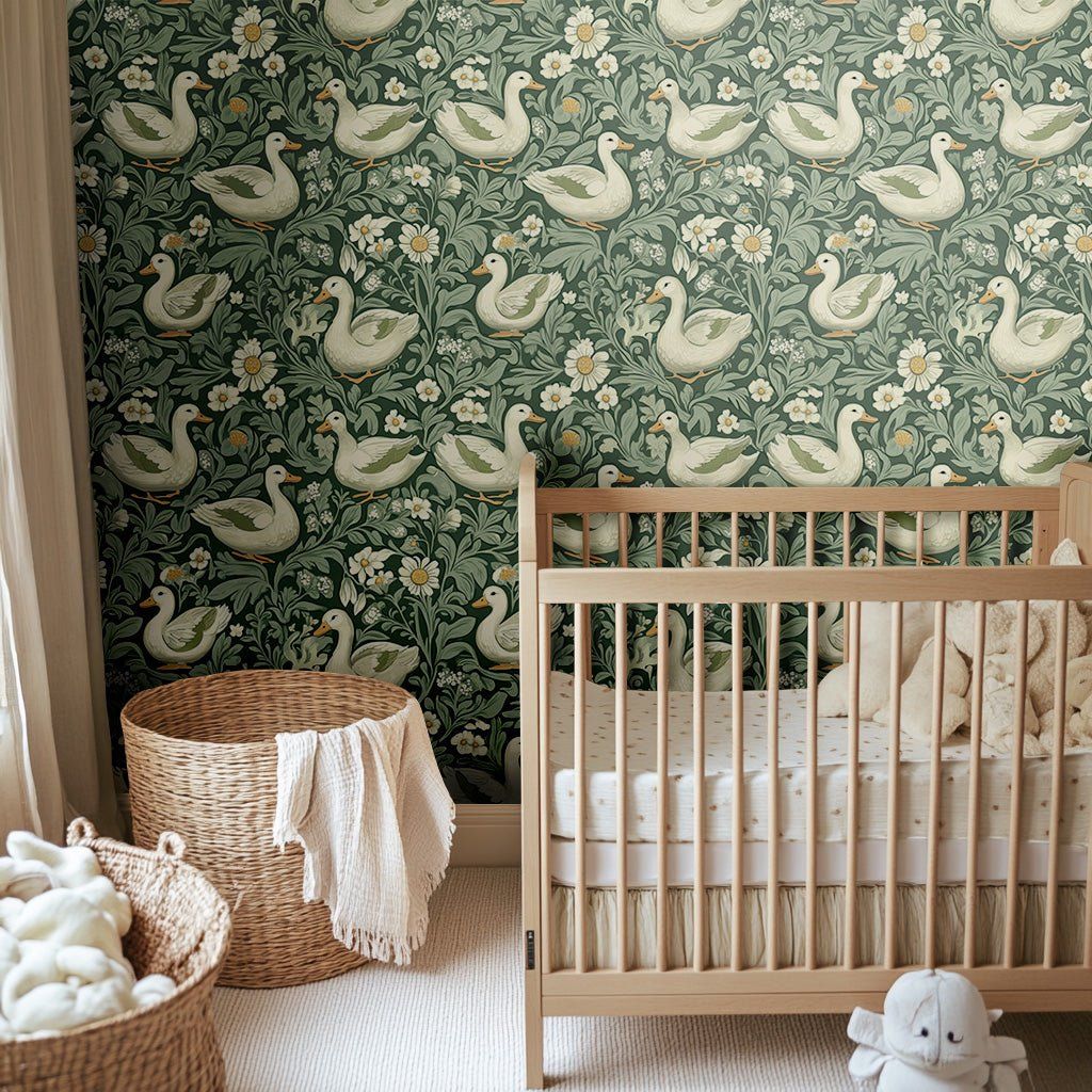 Papel tapiz Cisnes entre flores verde suave