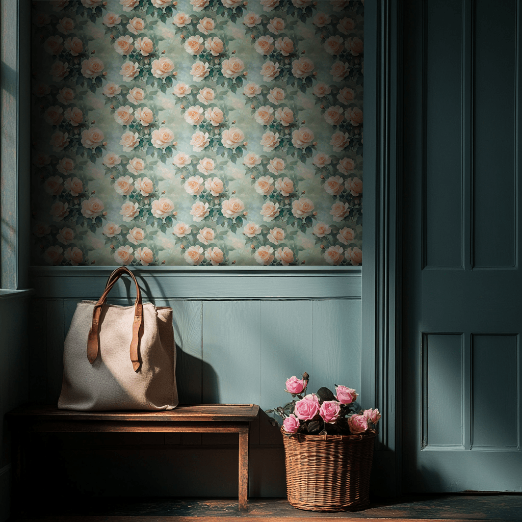 Papel tapiz Rosas durazno sobre verde suave