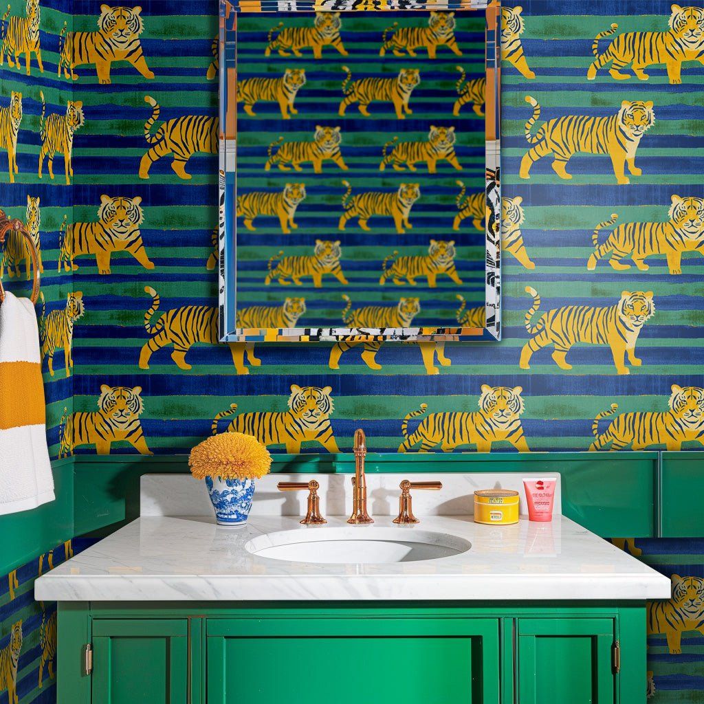 Papel tapiz Tigres amarillos y franjas azules