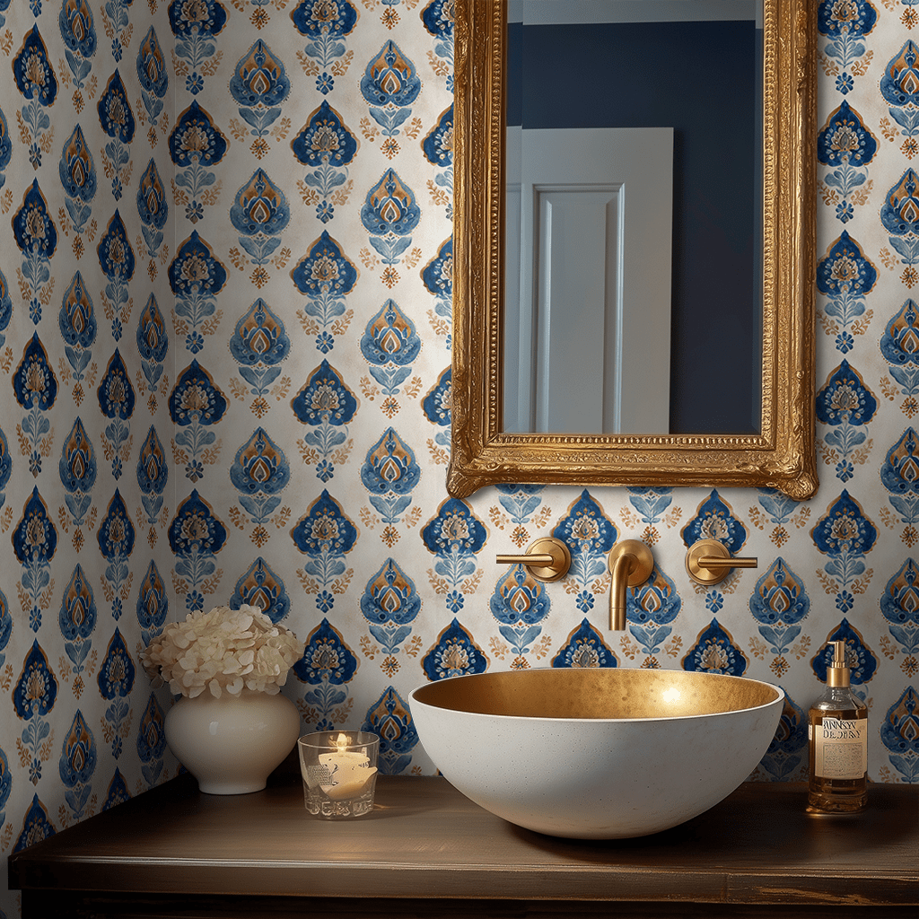 Papel tapiz Ornamentos florales azul y ocre