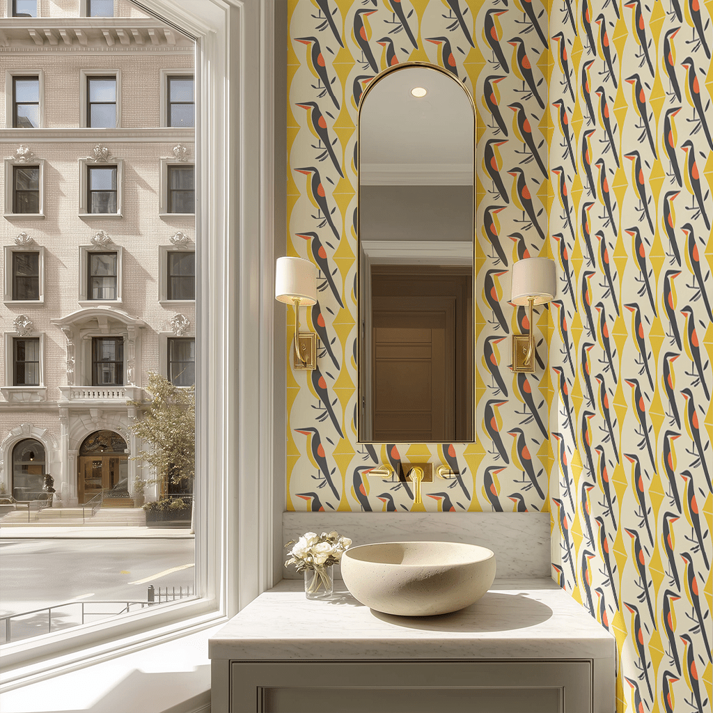 Papel tapiz Aves gráficas amarillo y azul