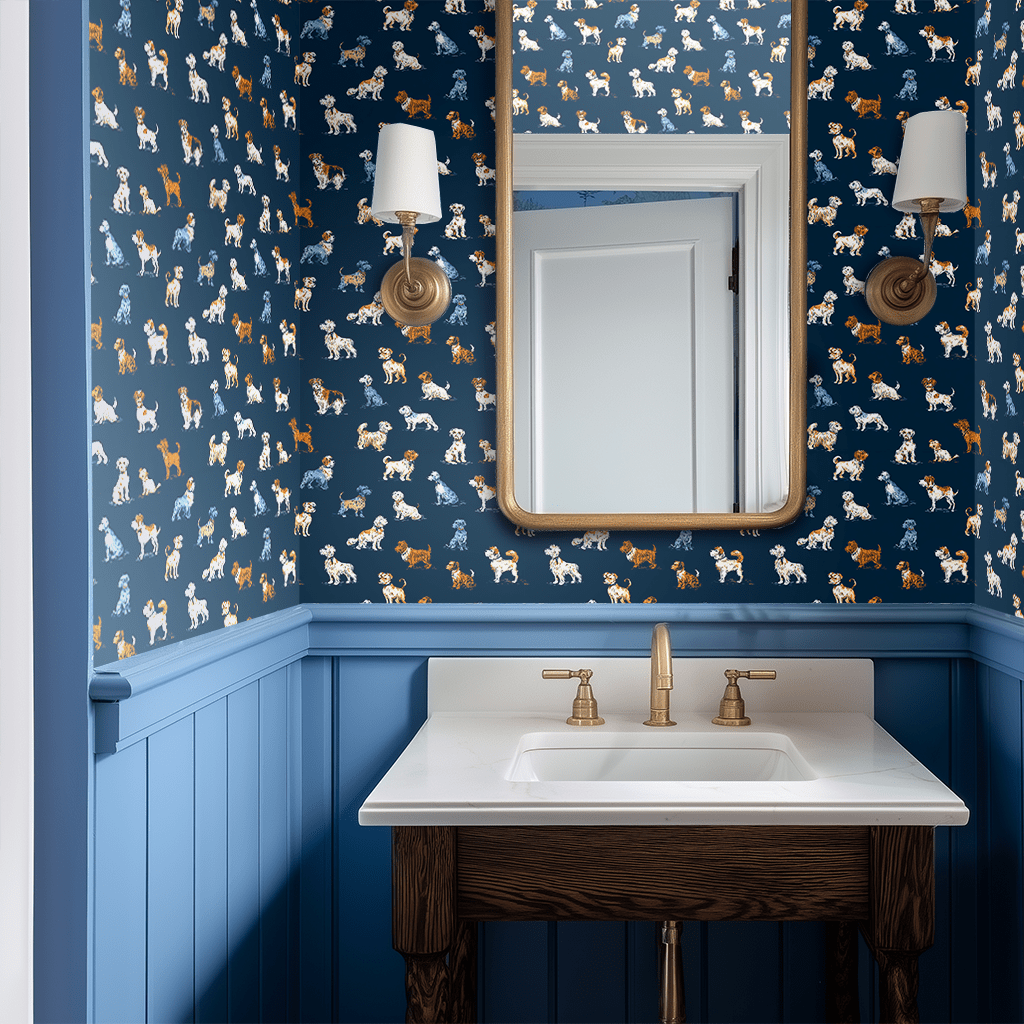 Papel tapiz Perritos ilustrados azul marino