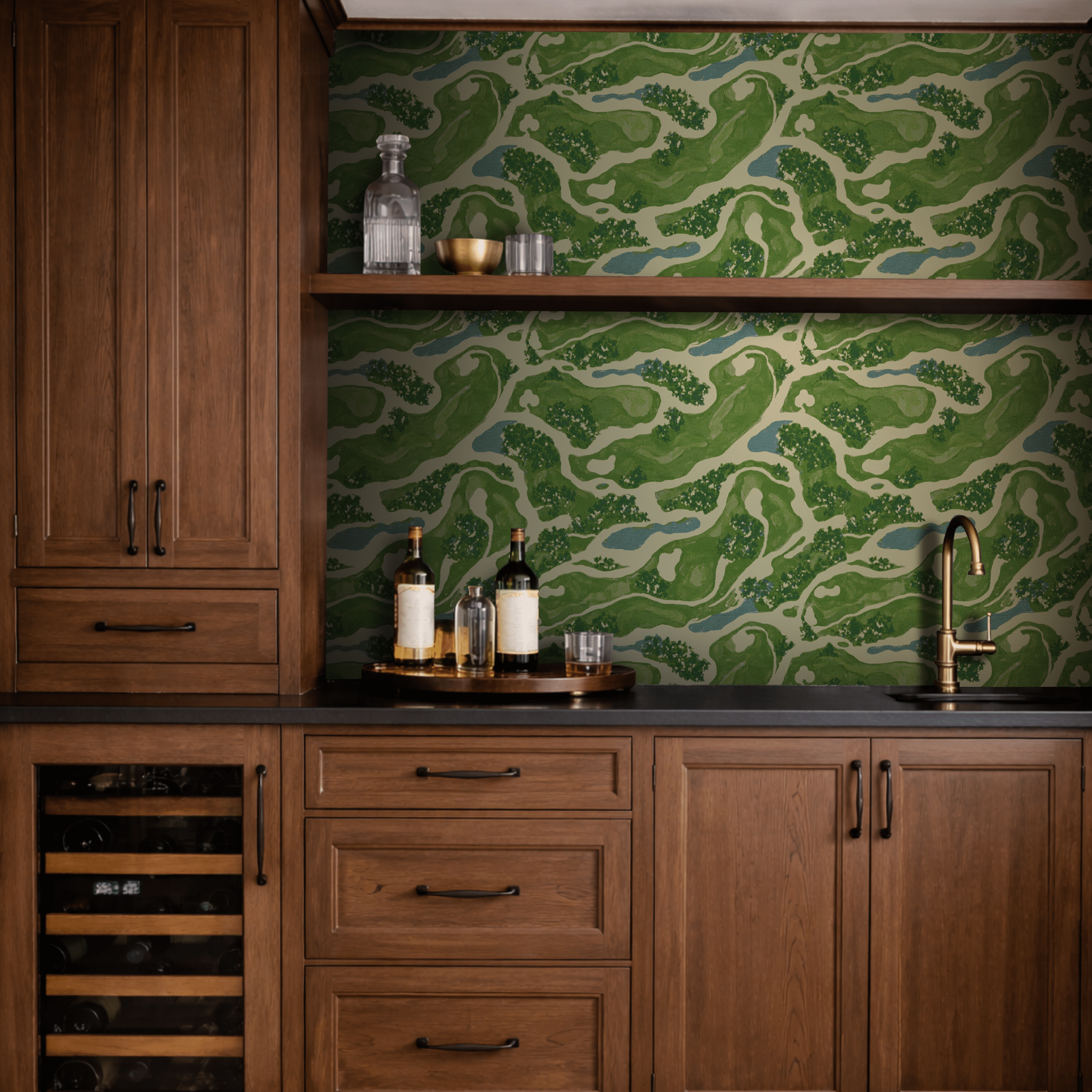 Papel tapiz Paisaje gráfico verde y crema