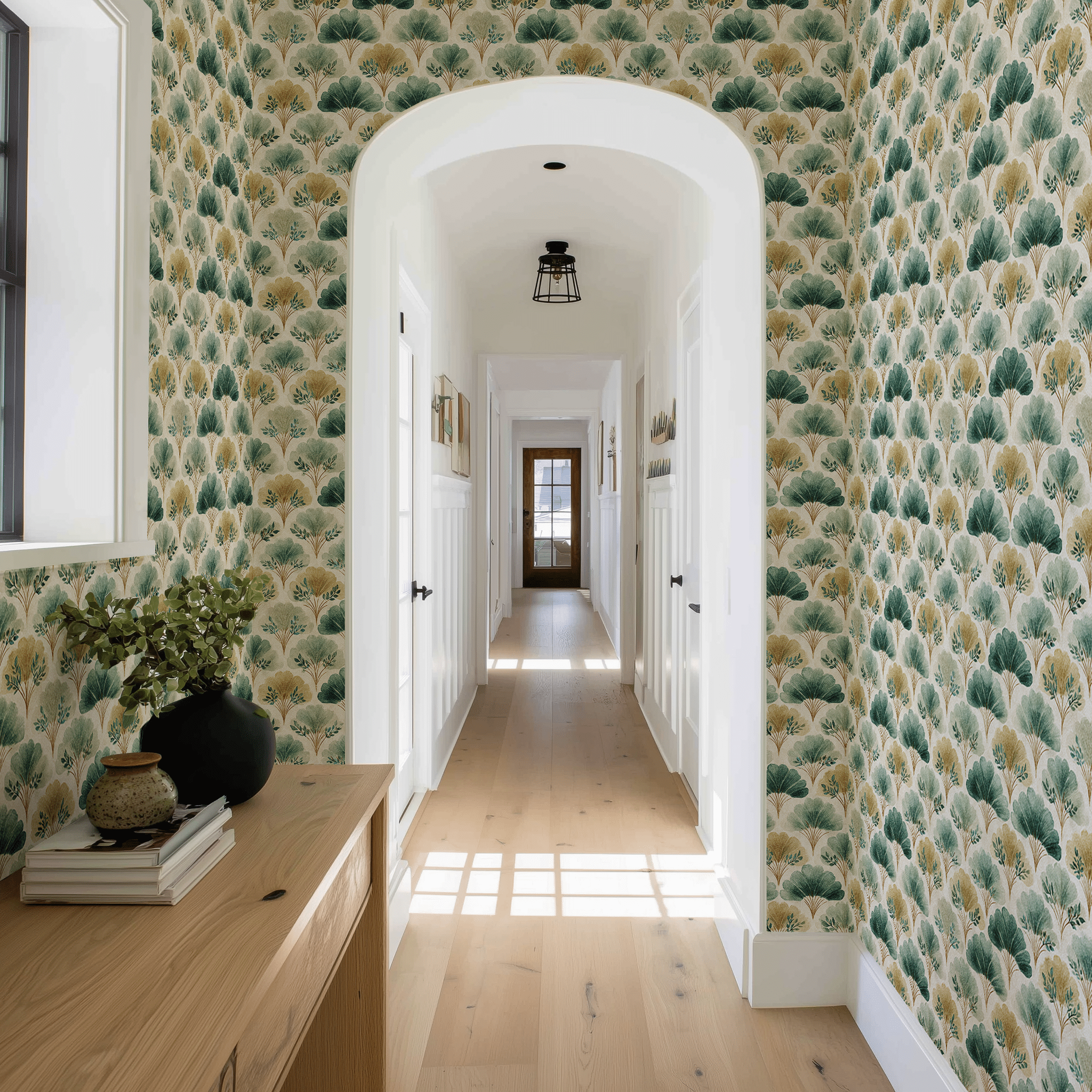 Papel tapiz Hojas ginkgo verde y arena