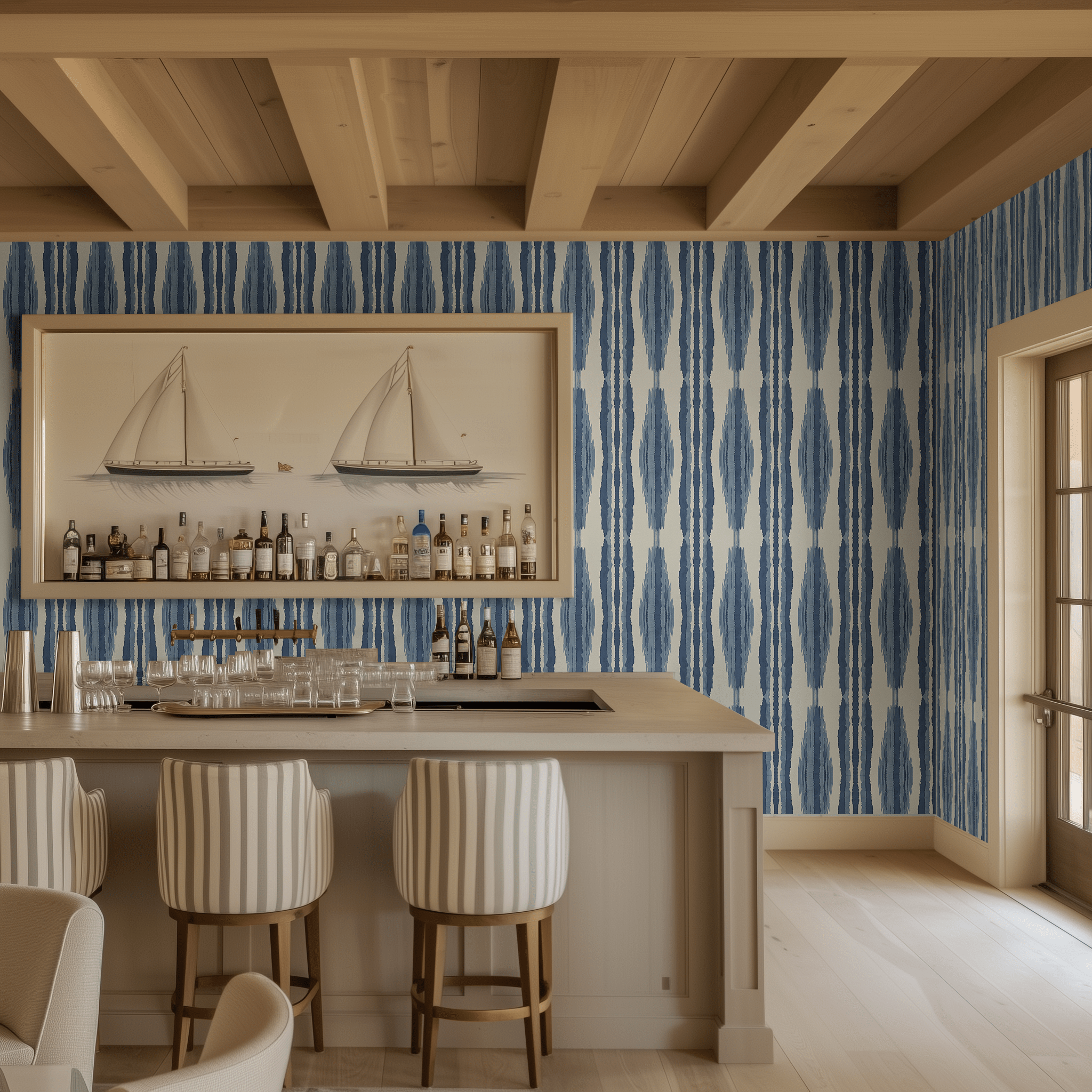 Papel tapiz Rayas ikat azul y marfil