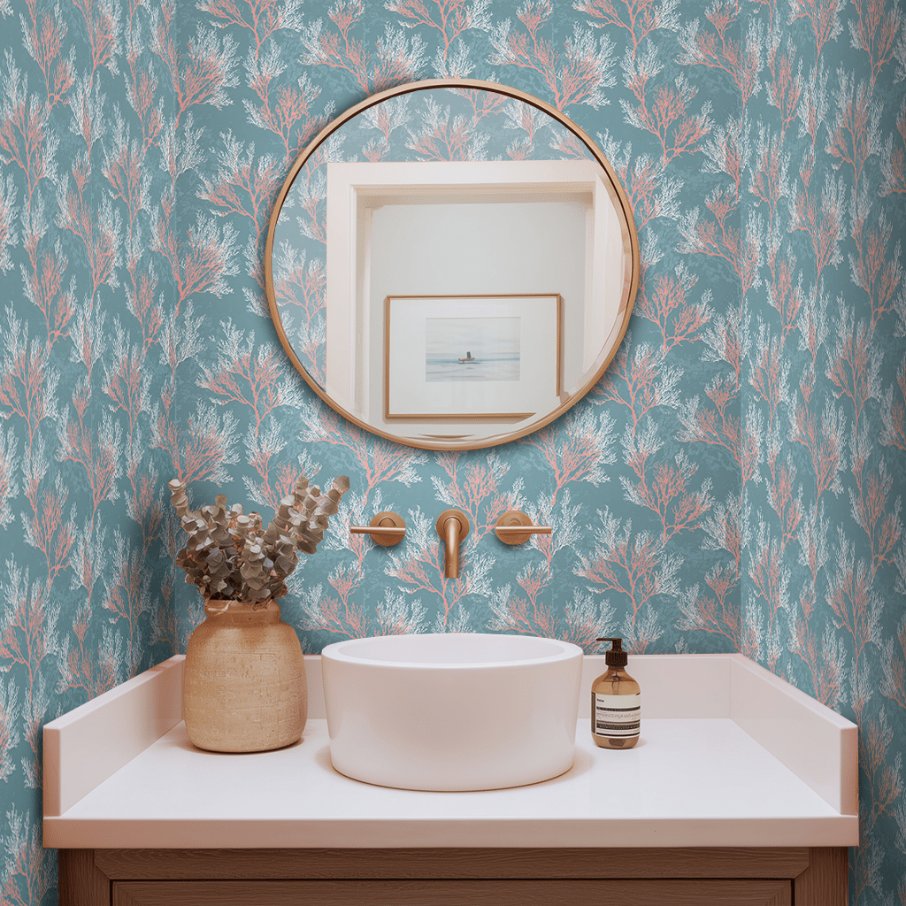 Papel tapiz Corales rosa sobre azul agua