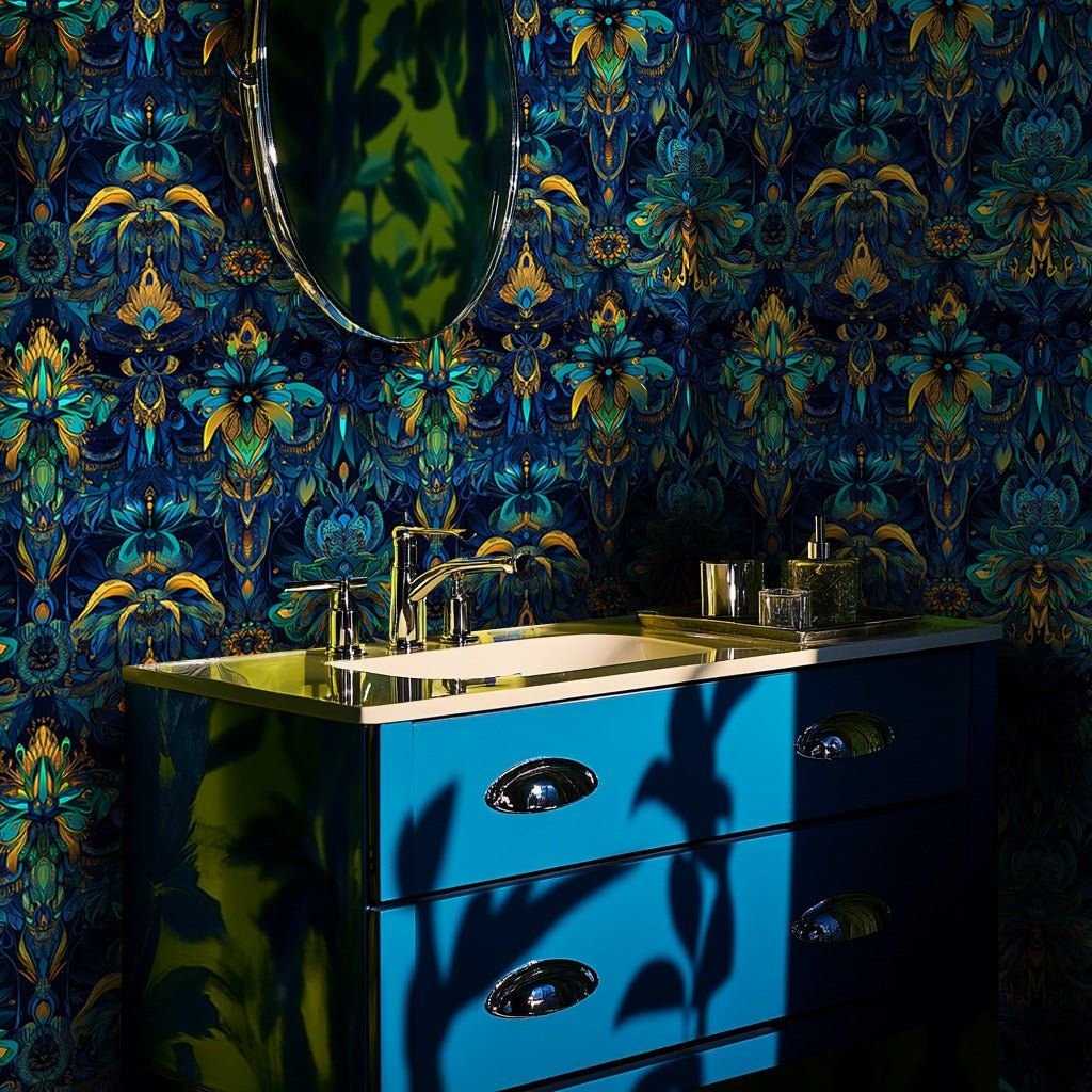 Papel tapiz Flores ornamentales azul y oro