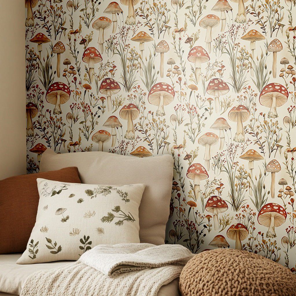 Papel tapiz Honguitos y flores de bosque