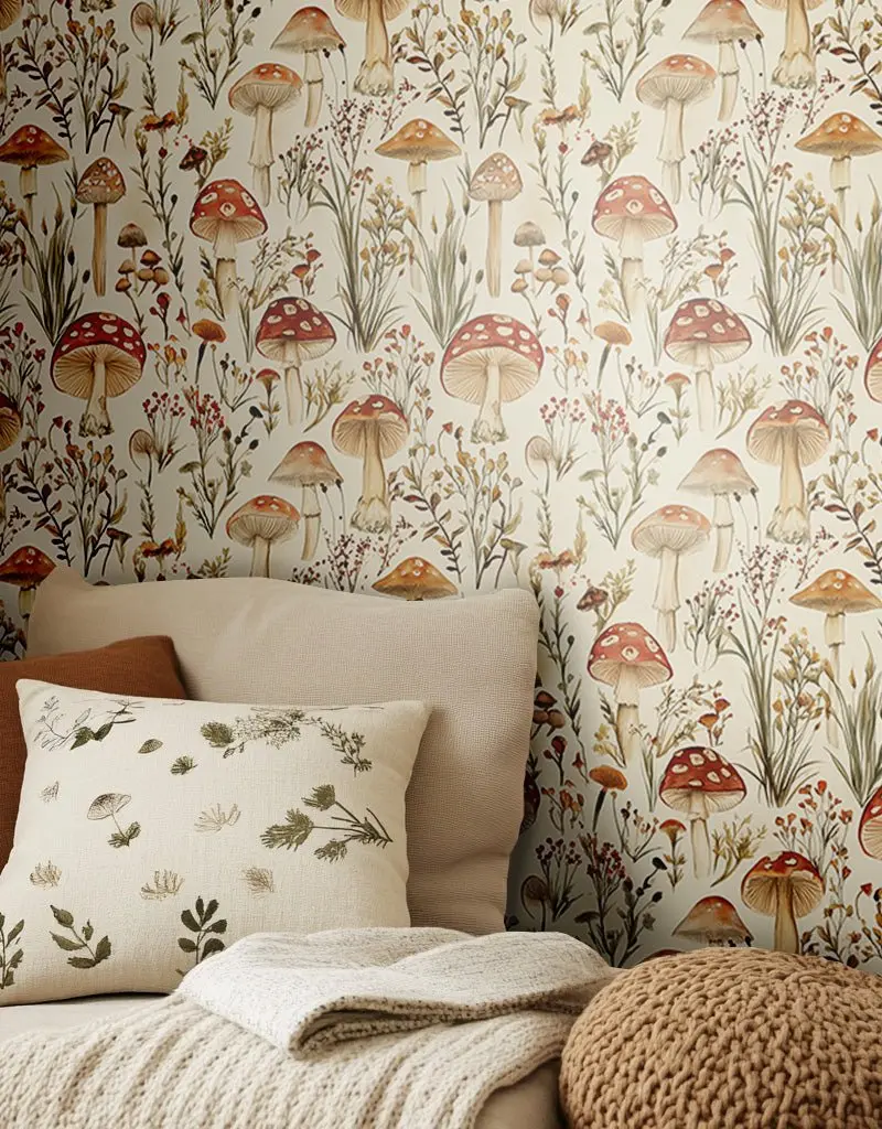 Papel tapiz Honguitos y flores de bosque
