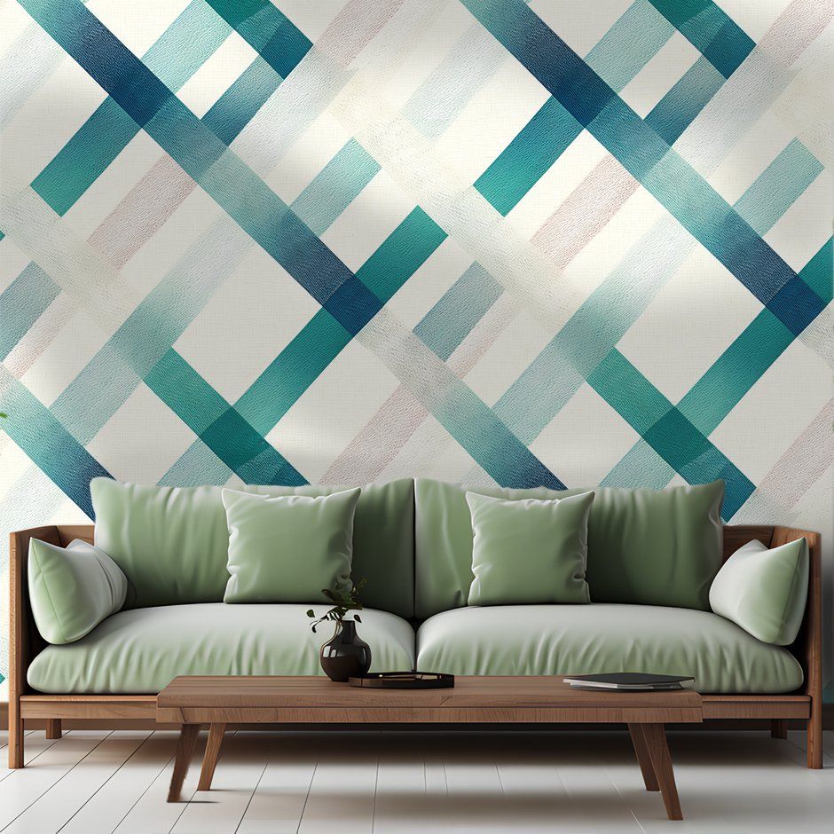 Papel tapiz Diagonales turquesa y marfil