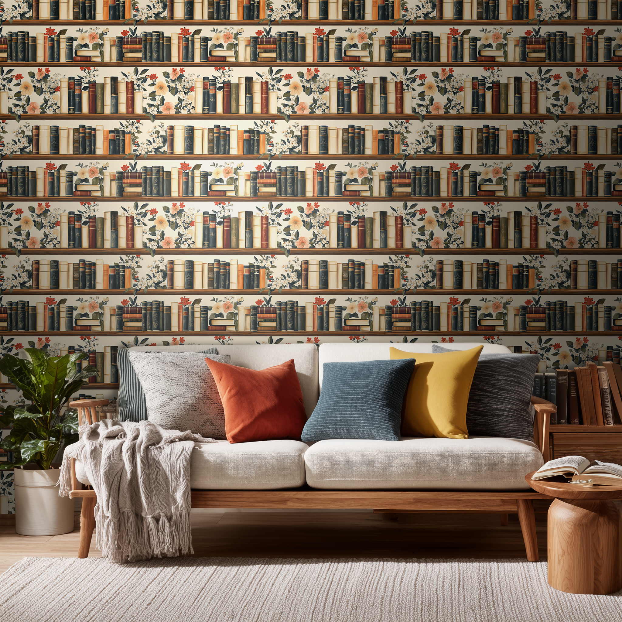 Papel tapiz Biblioteca floral tonos cálidos
