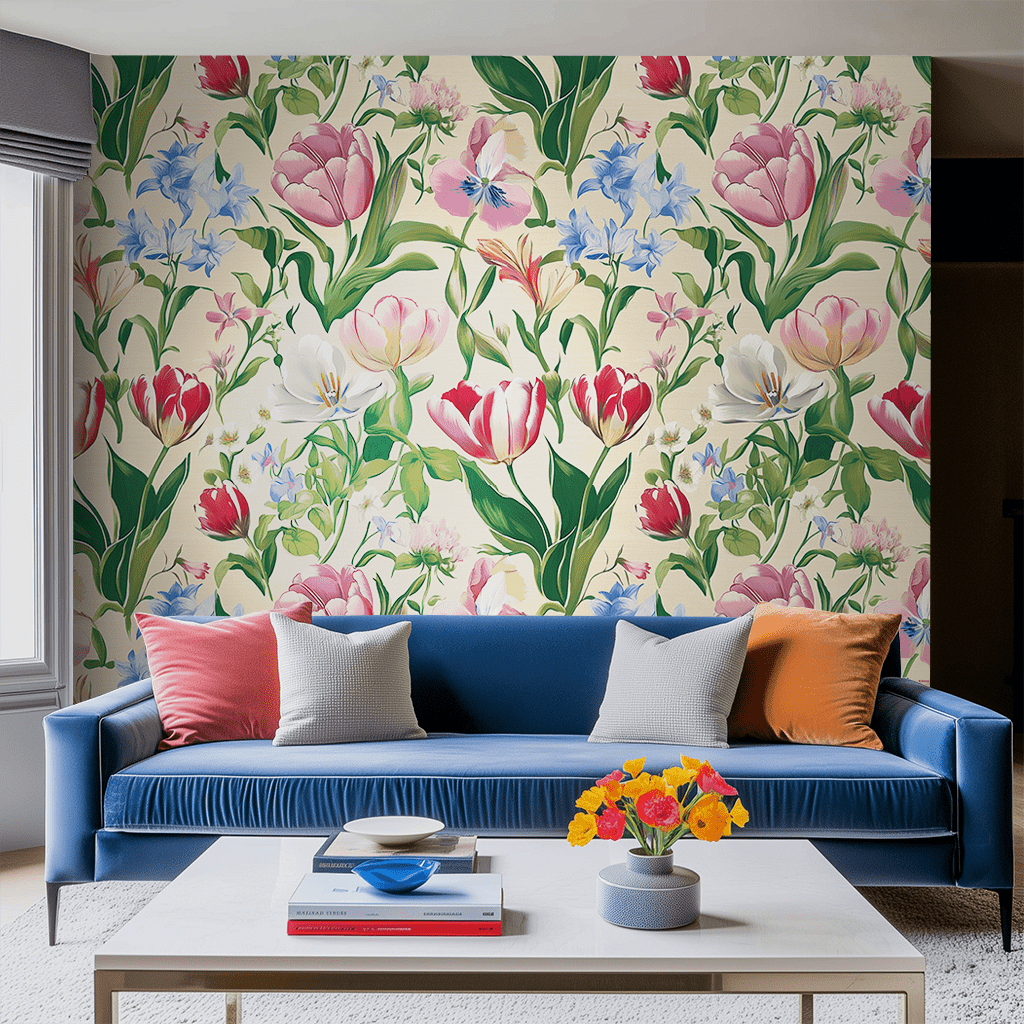Papel tapiz Jardín floral rosa y azul