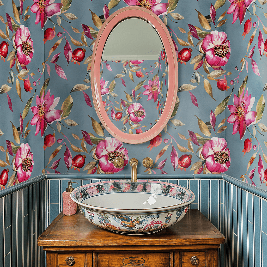 Papel tapiz Flores fucsia sobre azul gris