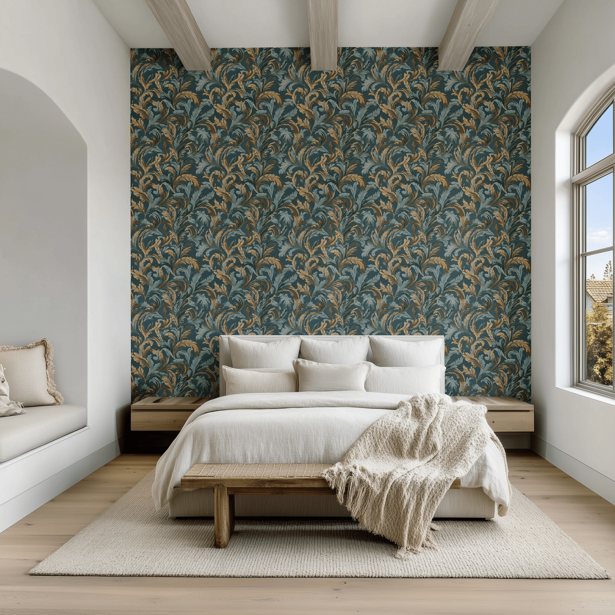 Papel tapiz Hojas curvas ocre y azul gris