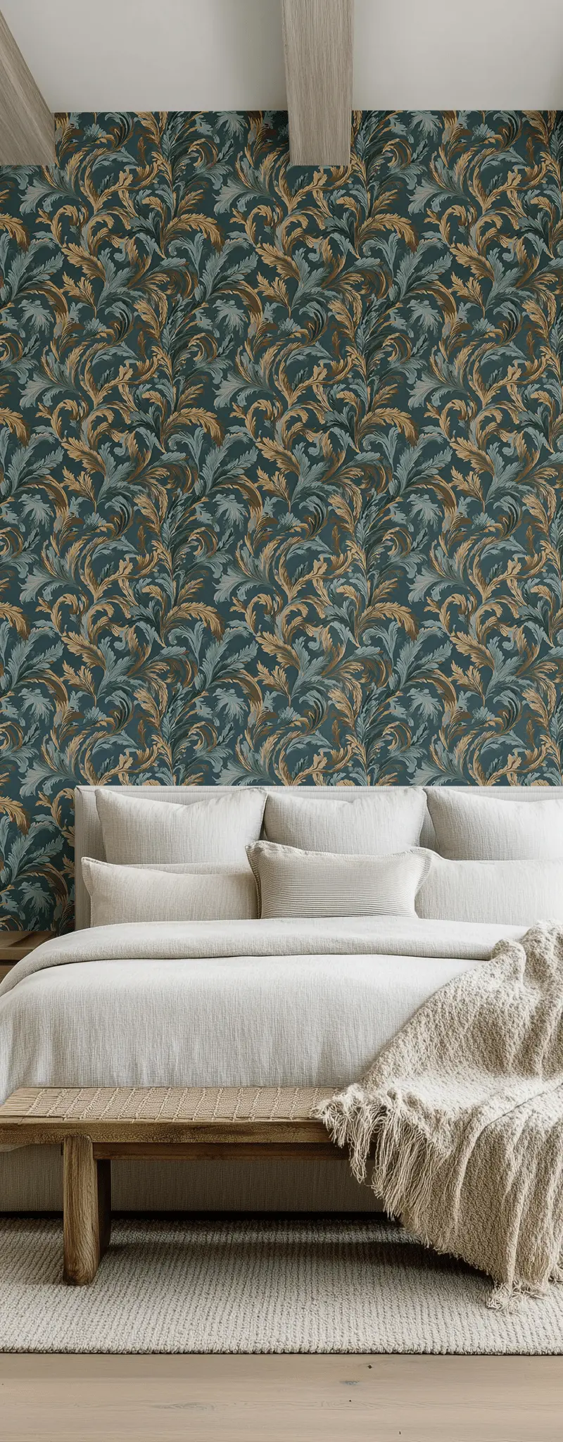 Papel tapiz Hojas curvas ocre y azul gris