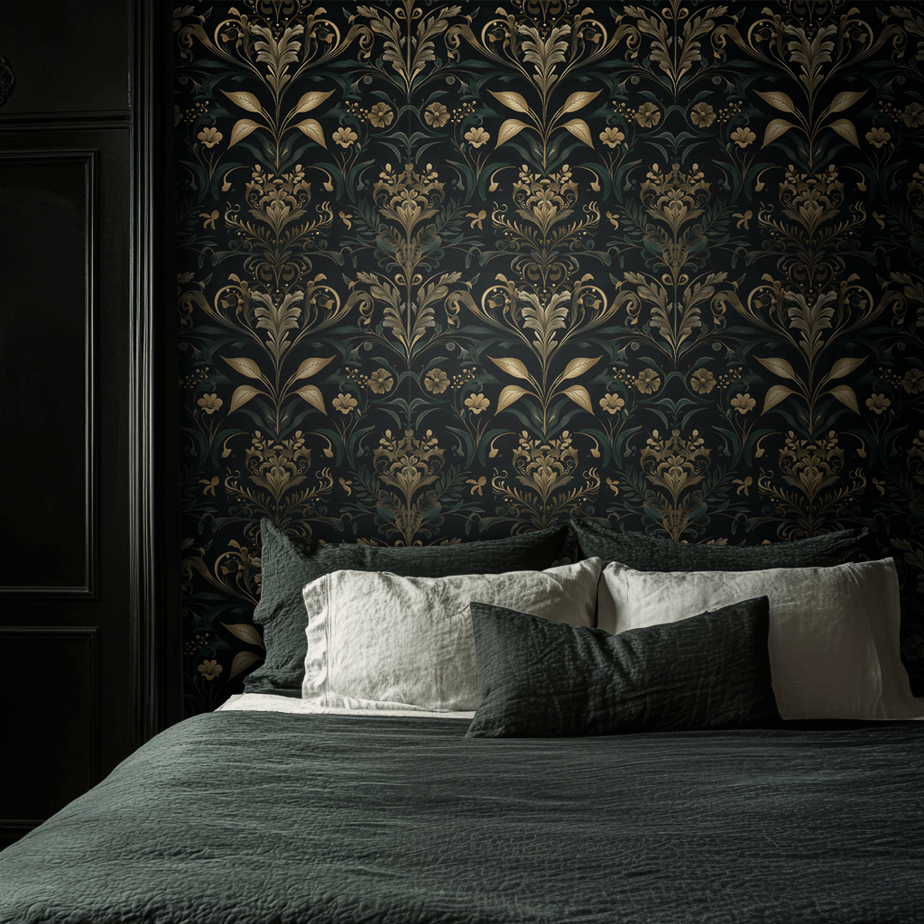 Papel tapiz Follaje ornamental verde y oro