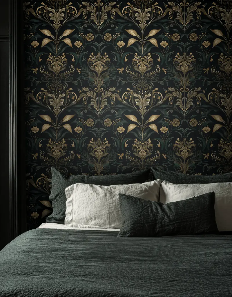 Papel tapiz Follaje ornamental verde y oro