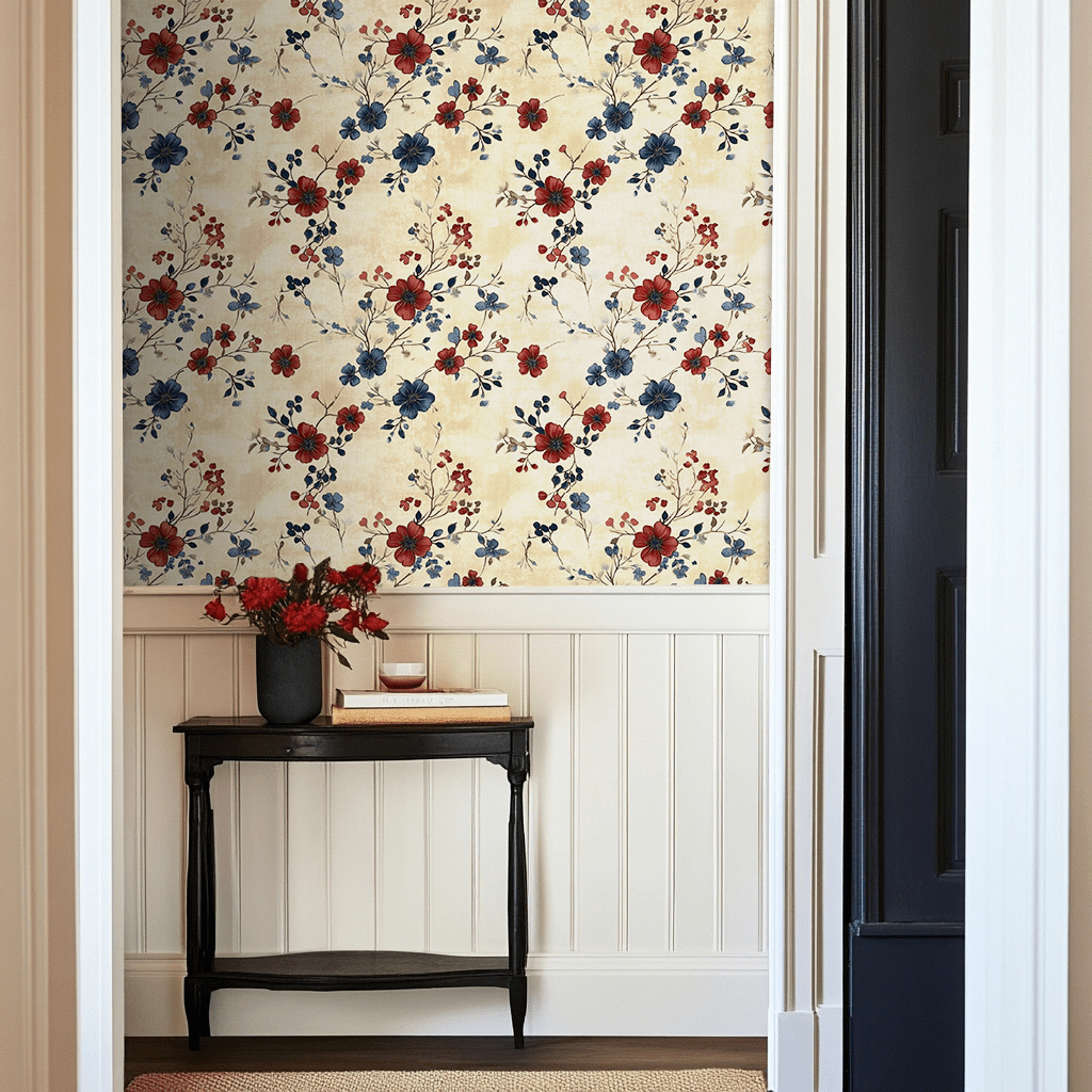 Papel tapiz Flores azul y rojo Wildberry