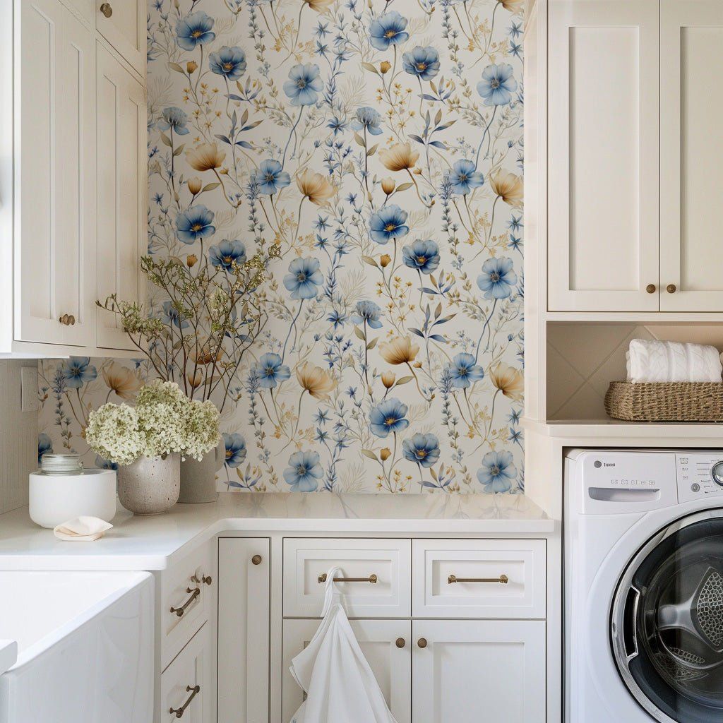 Papel tapiz Flores azules y ocres Wynn