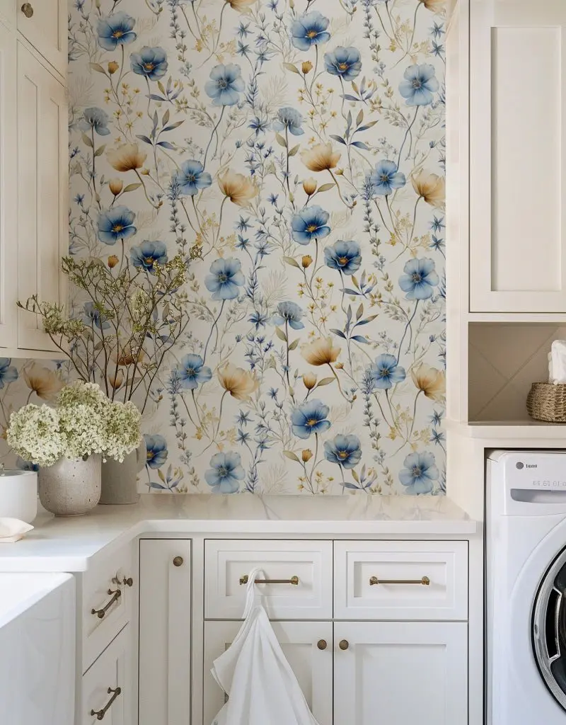Papel tapiz Flores azules y ocres Wynn